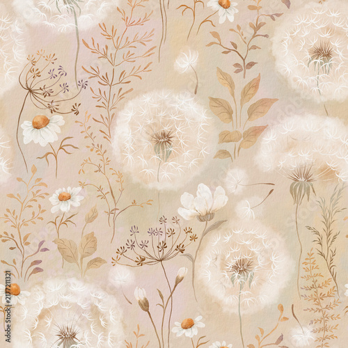 Watercolor seamless pattern with dandelions  daisies  wild plants and wildflowers. Delicate floral print on paper texture for wallpapers  fabric  home textile or background. Handmade design pattern