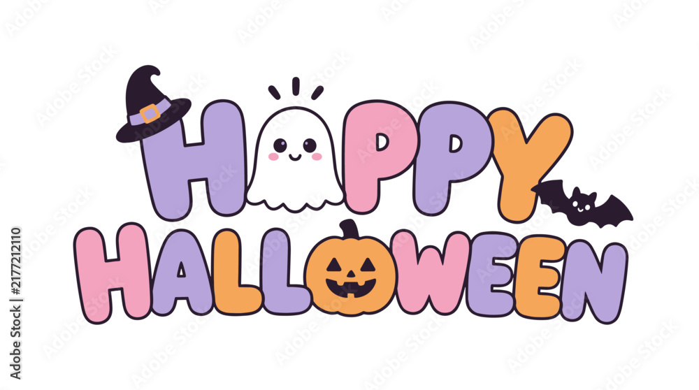 Naklejka premium Playful Happy Halloween typography with ghost pumpkin bat.