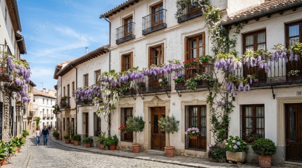 Fototapeta premium A charming cobblestone street winds past historic buildings adorned with vibrant wisteria blooms, showcasing picturesque European real estate in a quaint, sunny Spanish mountain village