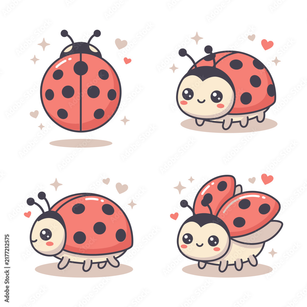 Fototapeta premium Kawaii ladybug mascot icons with hearts.