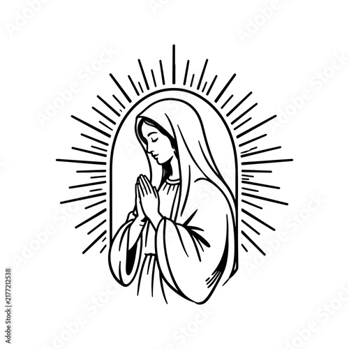 Religious Woman in Robe with Open Arms and Radiant Halo Line Art Sacred Female Figure with Veil and Sunburst Halo Minimalist Illustration