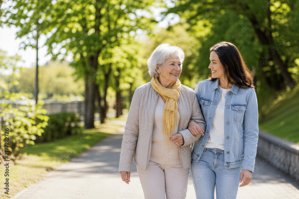 Fototapeta premium Elderly Woman and Adult Woman Walking Arm in Arm in Park
