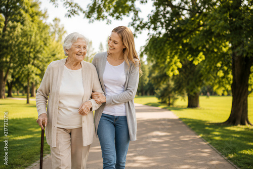 Caring Adult Woman Helping Elderly Woman Walk in Park