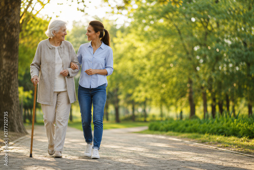 Adult Woman Helping Elderly Woman Walk with Cane in Park