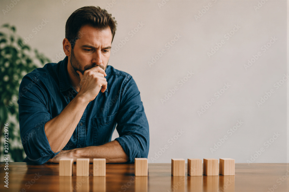 Fototapeta premium Thoughtful Man Looking at Wooden Blocks on Table Planning Business Strategy