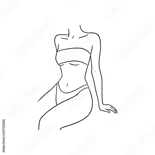 Minimalist Female Figure in Strapless Top and High Waisted Bottoms Line Art Elegant Woman Body Contour Illustration in Minimalist Maroon Line Drawing