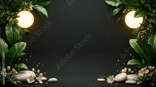 Luxury tropical botanical frame with glowing spherical lights, white lotus flowers, smooth stones, lush green leaves, and dark elegant background