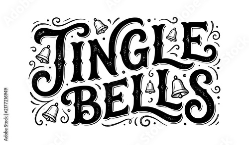 Jingle bells hand lettered typography design with decorative bells for christmas holiday greeting cards and festive posters