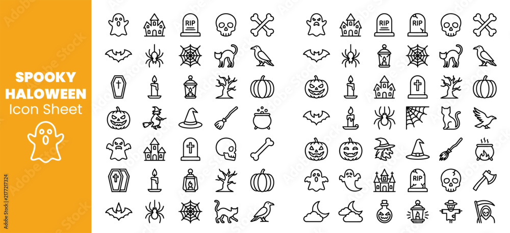 Fototapeta premium Spooky Halloween Icons Collection in Black and White.