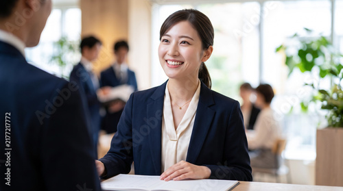 Plakat 中小企業の受付で笑顔で来客対応をする女性社員