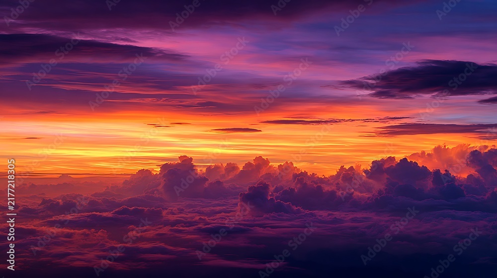 Obraz premium Vibrant sunset sky with dramatic clouds painted with fiery orange pink and purple hues creating a breathtaking natural backdrop for travel or atmospheric concepts
