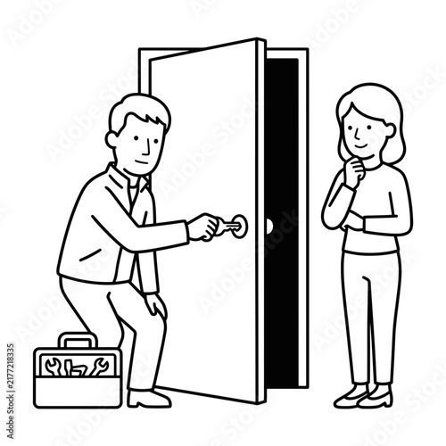 Locksmith fixing a door lock while a woman watches attentively nearby.