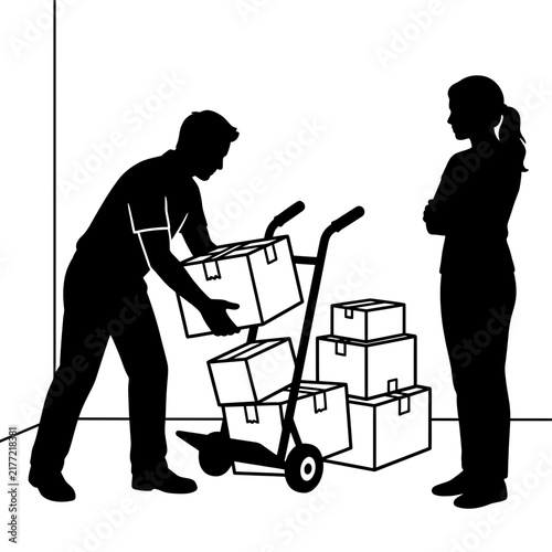 Courier loading cardboard boxes onto a hand truck while a customer observes the delivery process.