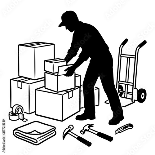 Delivery worker sorting packages and cardboard boxes next to a hand truck in a warehouse setting.