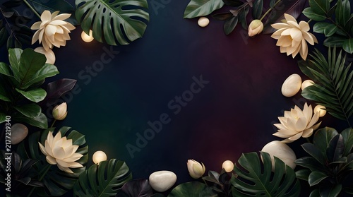 Elegant tropical floral frame with lush green leaves, white lotus flowers, smooth stones, dark colorful center, and spacious copy space