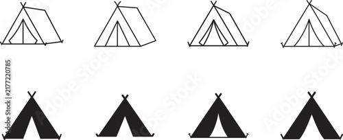 Black and white tent icon vector set for camping, outdoor adventure, travel and modern web design.