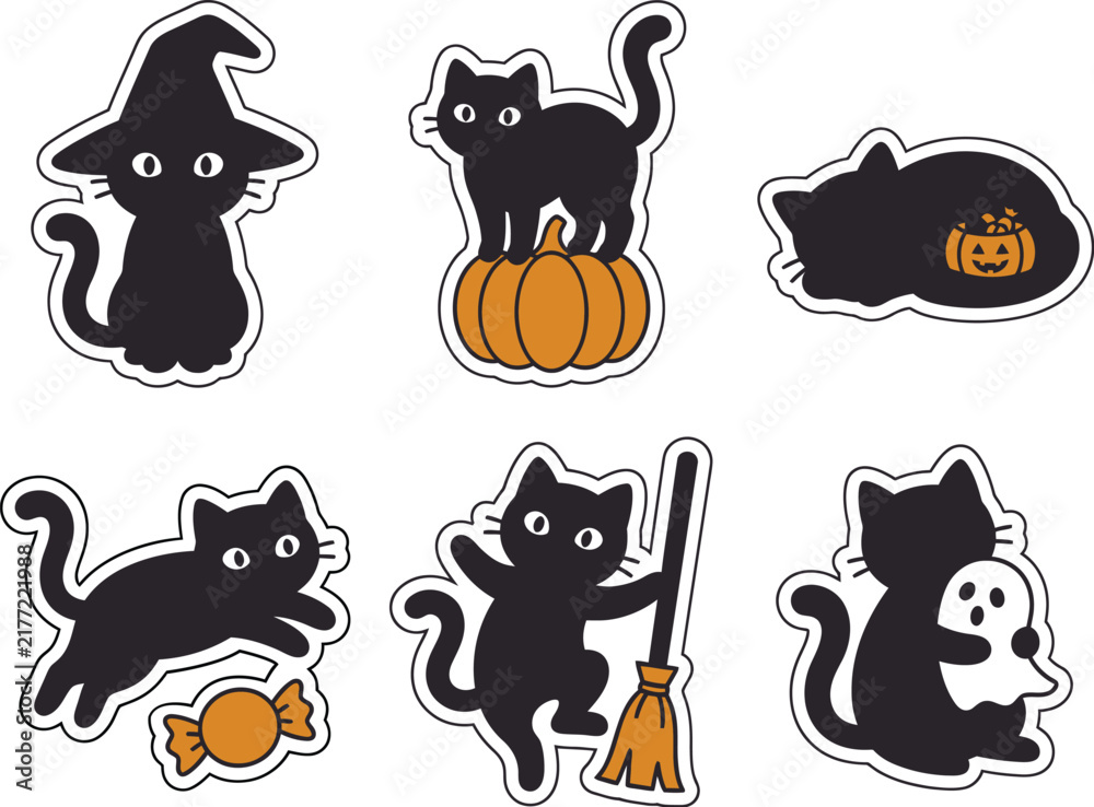 Obraz premium Black halloween cats with pumpkins and witch accessories