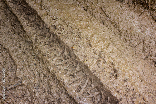 Obraz na płótnie Deep textured tire tracks carved into thick wet brown mud on a rural road, highl