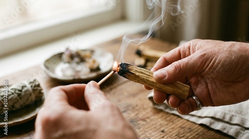 Person lighting palo santo wood stick with a match on wooden table