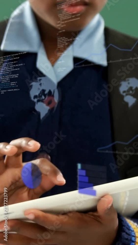In school, animation of digital graphs on tablet used by student in classroom