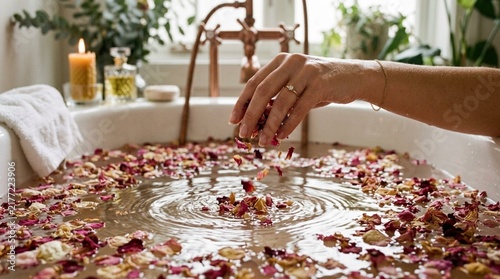 Woman hand dropping dried rose petals into a relaxing bathtub filled with water