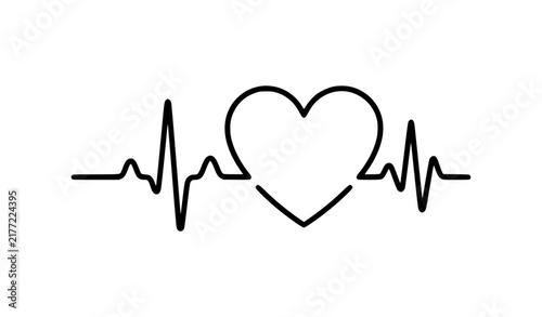 Fotografie Continuous One Line Heartbeat Pulse ECG Black White Medical Vector Icon