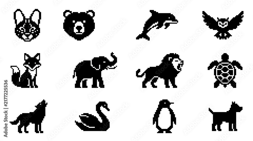 Obraz premium Pixel art wild and domestic animal icons.