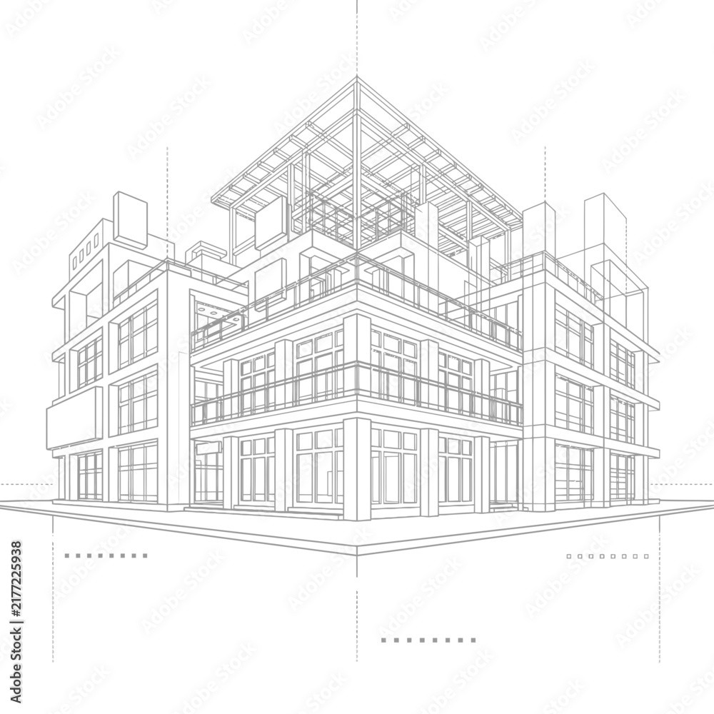 Obraz premium Corporate Wireframe Sketch of Modern Multi Story Building with Geometric Design and Isometric Perspective
