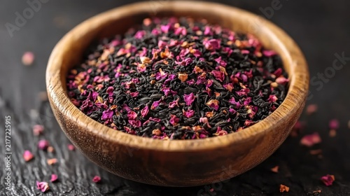 Close-up of loose-leaf tea with pink flower petals in a wooden bowl