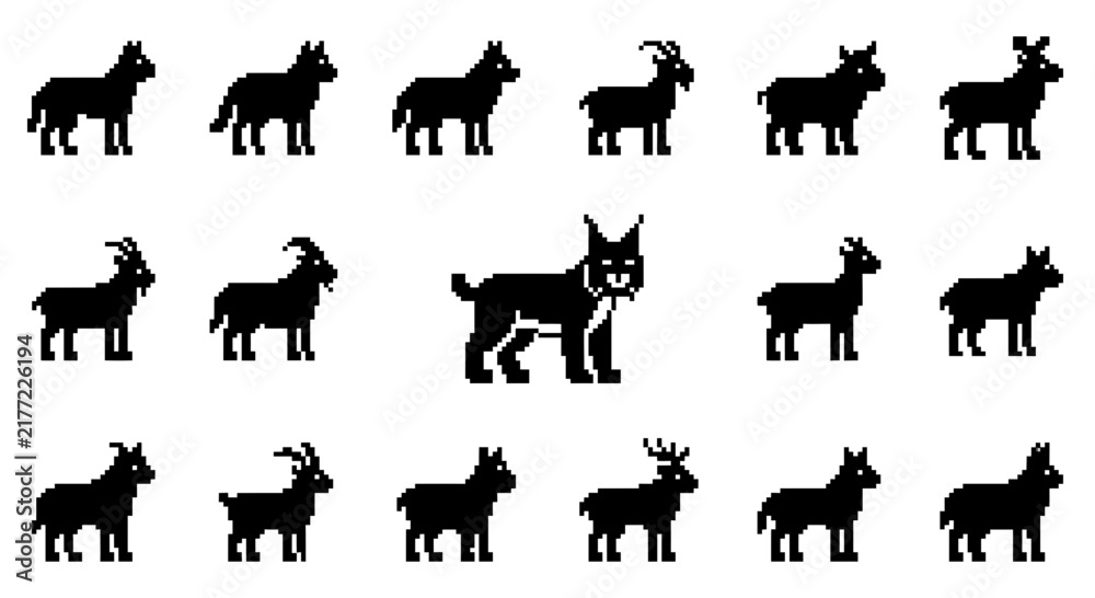 Fototapeta premium Quadruped animal silhouettes in minimalist pixel art style.