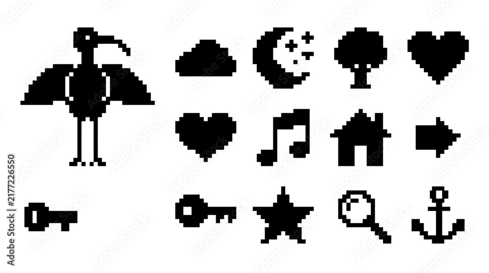 Fototapeta premium Retro 8-bit pixel art symbols of nature, music, and tools.