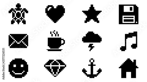 Retro 8-bit pixel art interface icons collection.