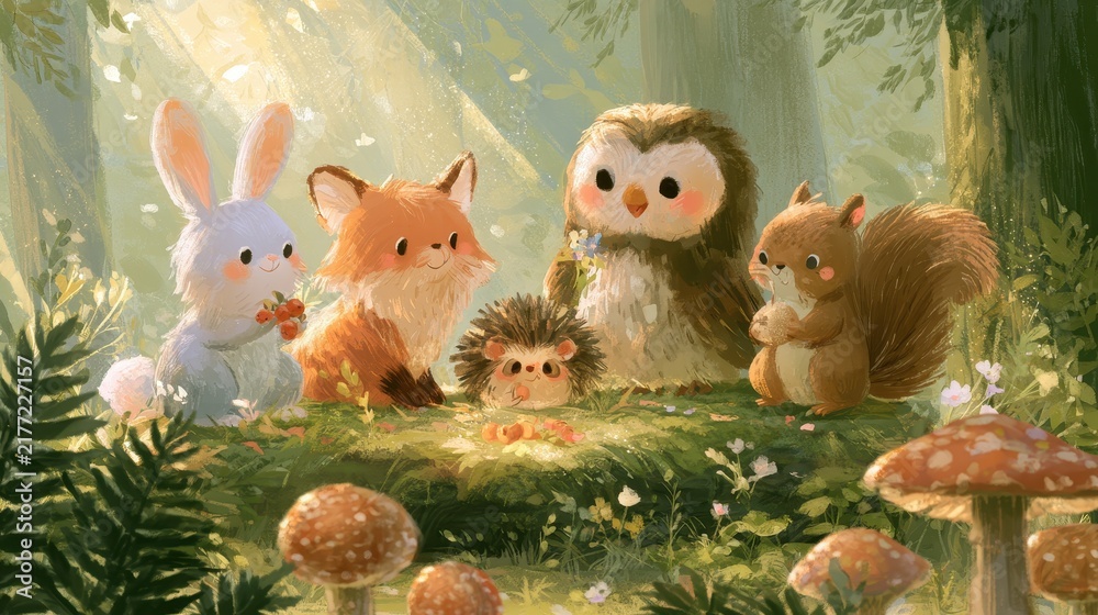 Obraz premium Playful small animals from a woodland watercolor illustration in a serene glade