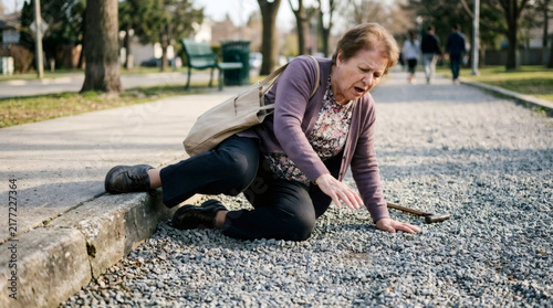 Senior woman fallen on sidewalk in city park. Elderly lady with cane and bag dropped on ground. Accident, injury and fall risk of old people. Healthcare and safety of senior citizens concept.