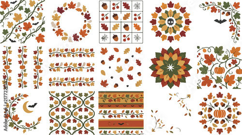 Autumn Leaf Seamless Patterns and Decorative Elements. Fall Ornaments, Vector Borders, and Wreaths. Harvest Design Set with Pumpkins, Acorns, and Maple Leaves. Seasonal Graphic Texture
