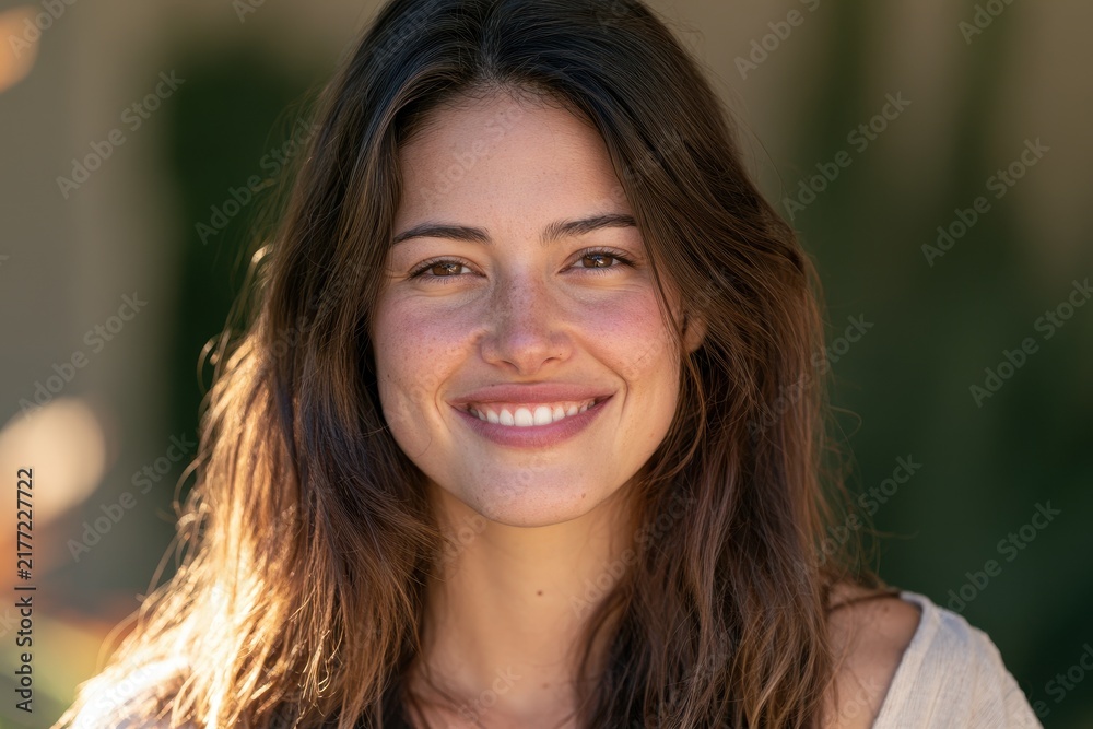 Fototapeta premium Portrait of a smiling young woman looking at the camera in soft natural light