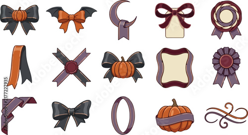 Vintage Halloween Design Elements, Ribbons, Bows, Pumpkins and Ornaments, Autumn Decorations Set, Vector Graphics