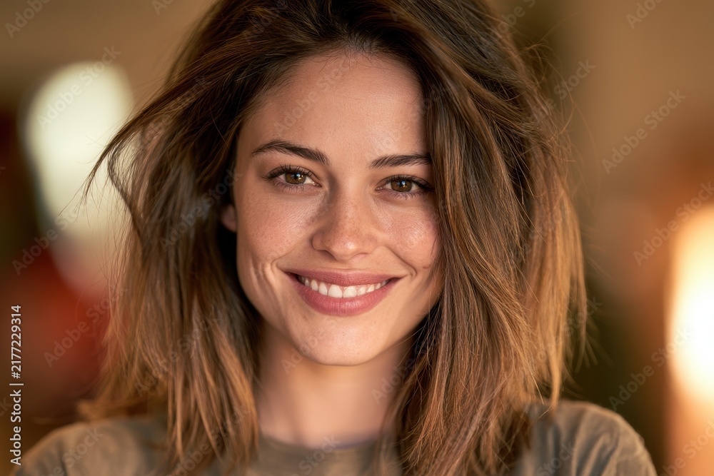 Fototapeta premium Radiant female portrait with cheerful expression and soft background