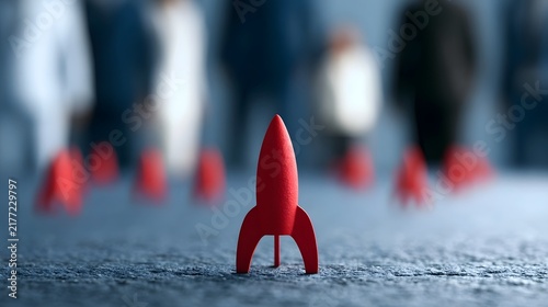A red rocket model stands prominently on a textured surface with blurred human figures in the background