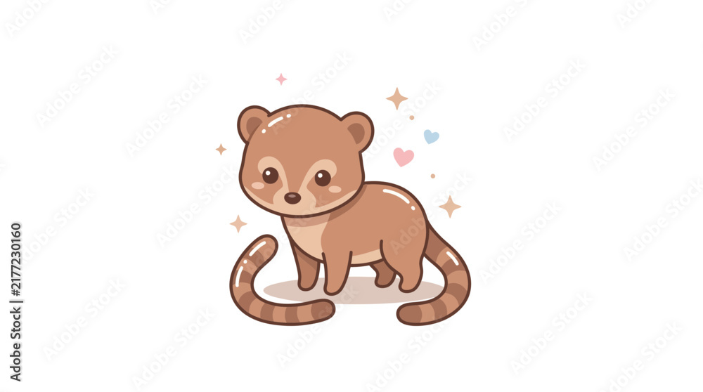 Fototapeta premium Single cute cartoon coati standing with striped tail.