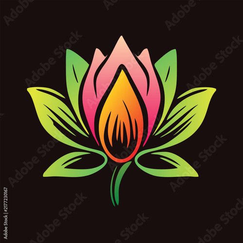 Glowing Lotus Flower Vector Logo Icon Isolated on Black Background