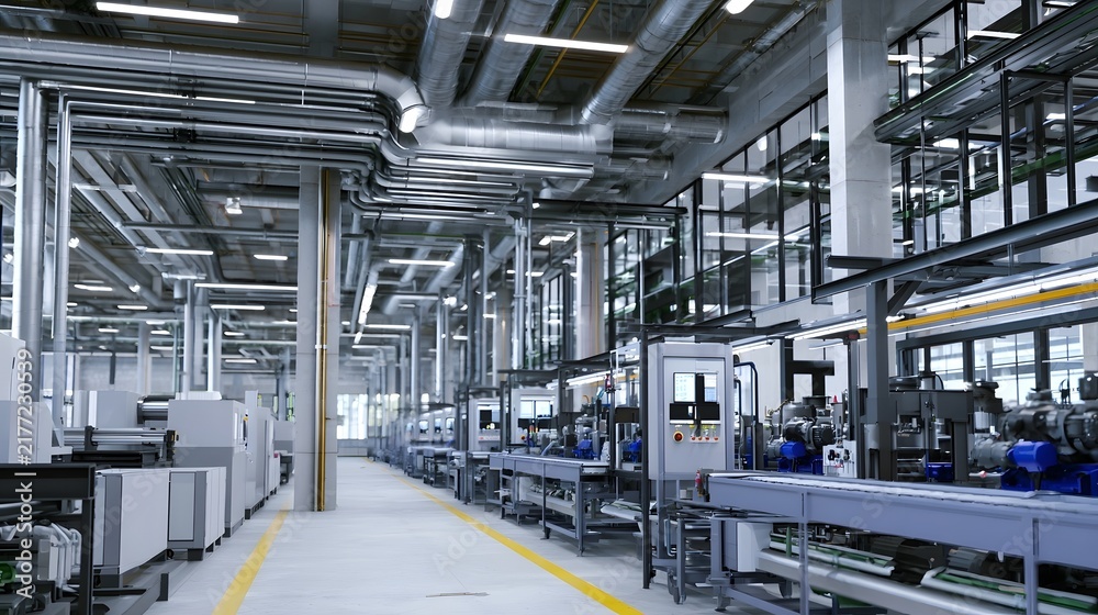 Obraz premium Modern industrial factory interior with automated hinery overhead pipes and clean organized production lines