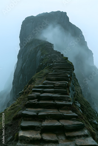Vertical winding mossy stone path fading into thick mist, dark void on both sides, trail dissolving in fog, journey and seclusion theme, large copy space mobile social poster wallpaper oriental asset