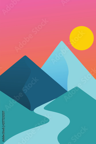 Minimalist Colorful Mountain Landscape Vector Poster with River and Sun