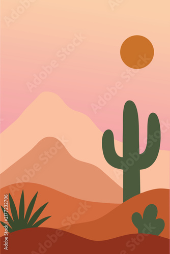 Minimalist Terracotta Desert Mountains Art Print Vector Illustration