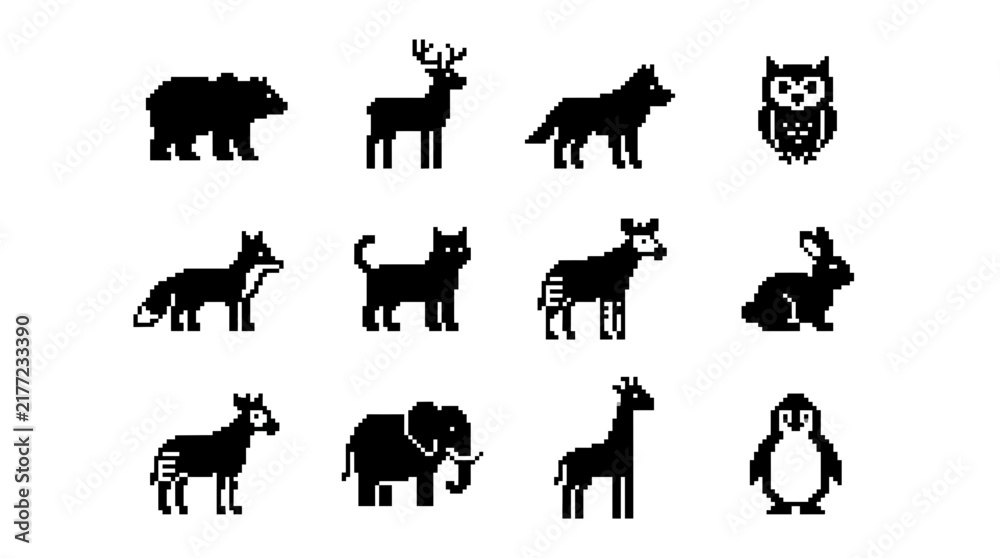 Fototapeta premium Wild animal pixel art silhouette set.
