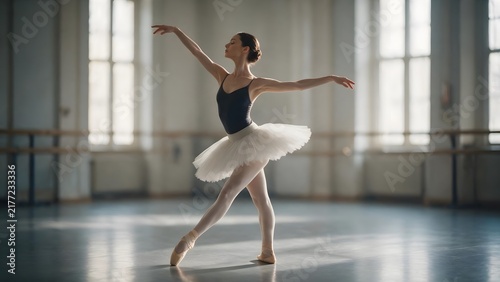 Ballerina dancing gracefully in a bright dance studio
