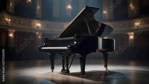Grand piano illuminated on a concert hall stage