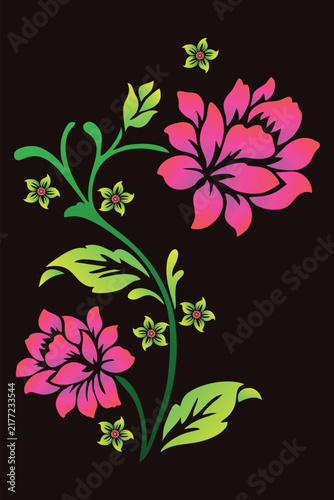 Glowing Pink Floral Vector Illustration with Green Leaves Isolated on Black Background