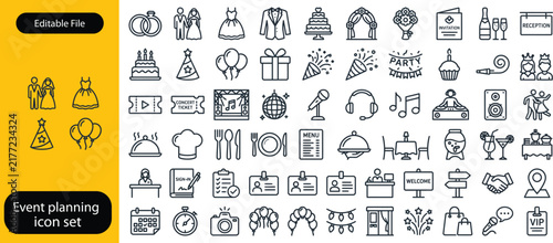 Event planning icon set. Icons in linear style collection. Containing decorations, venue, event planner, registration, entertainment, catering, invitations, coordination and more. Vector illustration